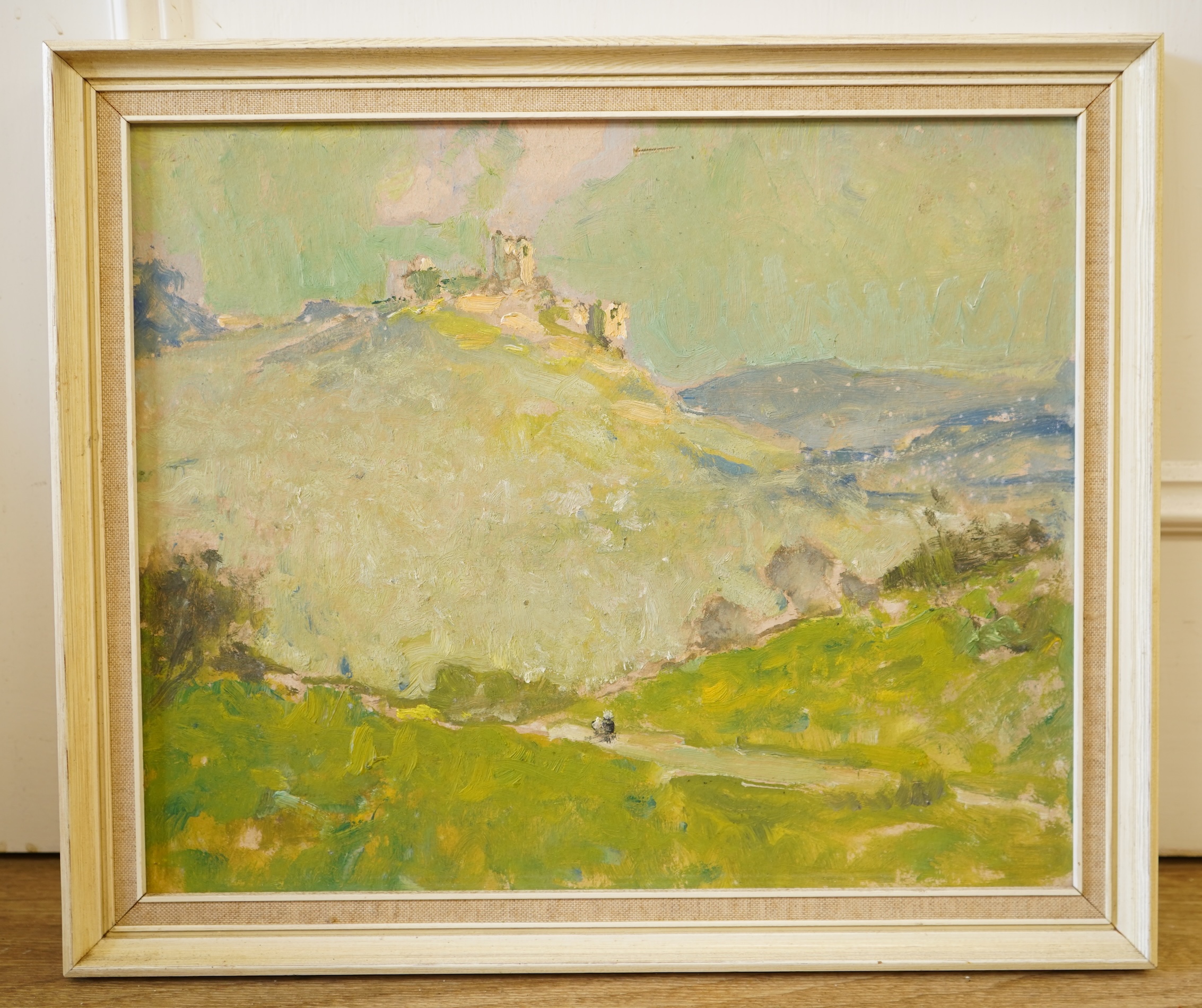 Arthur Spooner (1873-1962), Landscape with castle ruins, unsigned, oil on board, 29 x 35cm, Provenance - Artists summer studio, East coast.